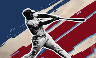 A baseball player swings a bat against a red, white, and blue abstract background resembling the American flag.