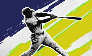 A baseball player swings a bat against a colorful, abstract background of blue, yellow, and green streaks.
