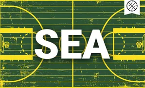 A top-down view of a distressed, green basketball court with yellow lines and a basketball icon in the upper right corner.