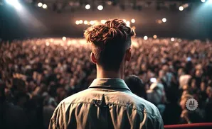 Man with trendy hairstyle facing a large, blurred audience at a concert or event, with stage lights in the background.