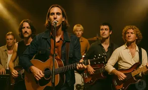 A band performs on stage with a lead singer playing guitar and singing into a microphone, surrounded by bandmates.