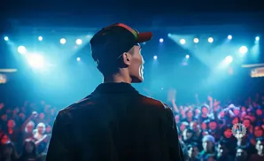 A performer in a hat looks out at a cheering crowd under bright blue stage lights.