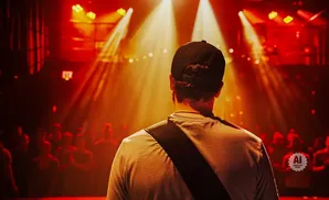 A man wearing a baseball cap stands with his back to the camera, facing a crowd and stage lights in a red-lit venue.