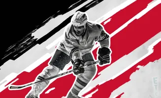 A black and white image of a hockey player in action against a red and white abstract background.