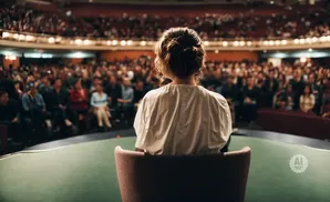 A woman in a white shirt sits in a chair, facing a large audience in a theater.