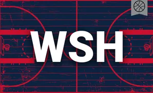 A dark blue basketball court with red lines and a red basketball logo in the upper right corner.