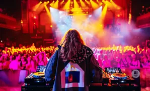 DJ with long hair plays music for a crowd at a lively concert with colorful stage lights.