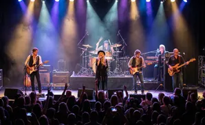 A band performs live on stage under colorful spotlights, with a singer in front and an audience in the foreground.