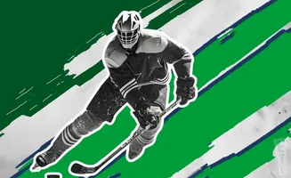 A hockey player in full gear skates with a stick, set against a green and white background with blue accents.