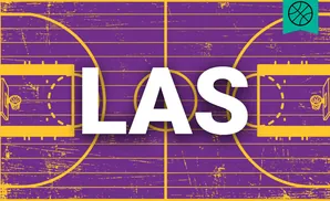 A purple and yellow graphic of a basketball court with a basketball icon in the upper right corner.