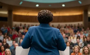 Woman in blue blazer speaks to a seated audience in an auditorium.