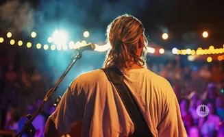A musician with long hair plays guitar on stage, bathed in stage lights, with a blurred audience in the background.