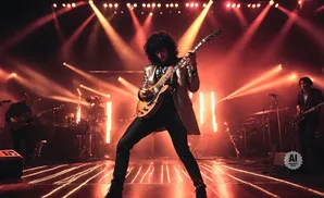 A rock guitarist in a sequined jacket performs under dramatic red stage lights.