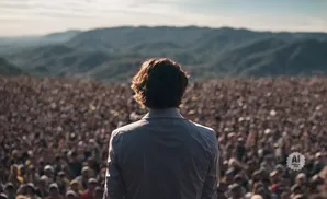Man with curly hair stands with back to viewer before a massive crowd, facing rolling hills under a bright sky.