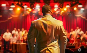 Man in a light-colored suit facing away from camera, with a blurred audience and stage lights in the background.
