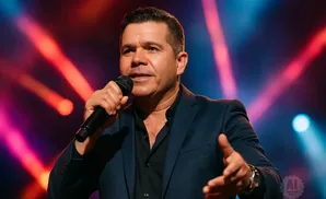 A man in a suit holds a microphone and gestures with his hand on a stage with bright lights.
