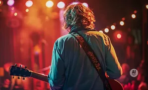 Man playing guitar on stage with red and orange lights.