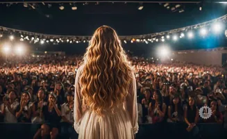 Singer with long, wavy blonde hair on stage facing a large, cheering audience at a concert.