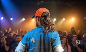 A person in a denim jacket and orange cap faces an audience under stage lights.