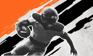 A black and white illustration of a football player running with a ball, on an orange and black background.