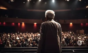 Man in suit facing an audience in a theater.