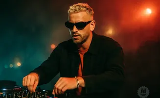 DJ in sunglasses with blonde hair mixes music on turntables, with red and teal lighting in the background.