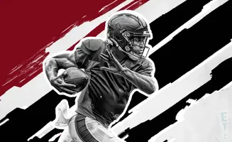 A black and white image of a football player running with the ball, set against a red and black abstract background.