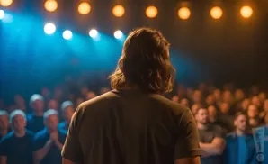 Man with long hair on stage facing a cheering crowd, illuminated by stage lights.