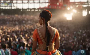 A woman in an ornate orange and blue outfit with her back to the camera, facing a large, blurred crowd.