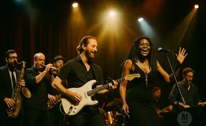 A band performs on stage with a female singer in the foreground and other musicians playing instruments.