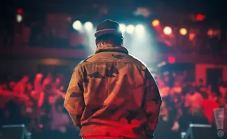 A person in a camouflage jacket and hat faces away from the camera on a stage, with a blurred audience in the background.