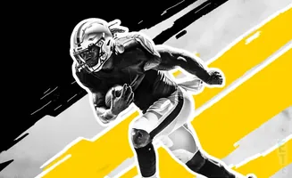 A black and white image of a football player running with a yellow and gray background.
