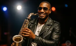 A Black man in a leather jacket and sunglasses plays the saxophone, smiling broadly.