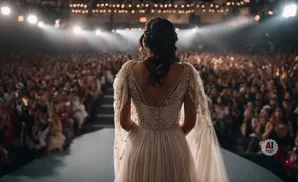 Woman in a sparkling white gown faces a large, cheering audience under spotlights.