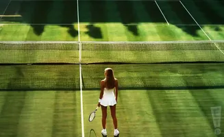Woman in white tennis outfit holding a racket on a grass court, facing away from the camera towards the net.
