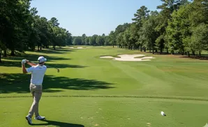 Golfer swings club on a sunny day on a lush green golf course with sand traps and trees.