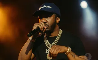 Rapper on stage wearing a black shirt, gold chains, and a blue baseball cap, holding a microphone.