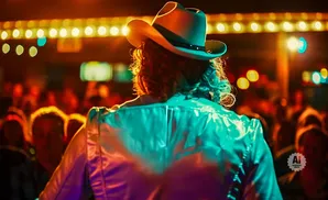Back view of a person in a cowboy hat and shiny jacket, on stage with a blurred audience and bright lights.