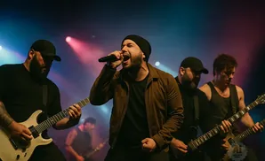 A band performs on stage with a singer in the center and guitarists on either side.