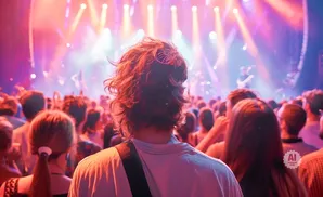 Back of man's head with curly hair, facing a concert crowd with stage lights.