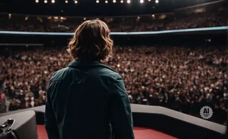 Back view of a person facing a large, cheering crowd in a stadium.