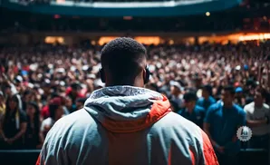 A person with headphones on stands with their back to the camera, facing a large, cheering crowd in an arena.