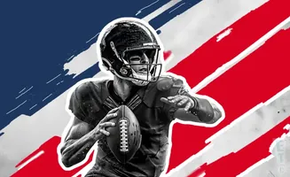 Black and white image of a football player in uniform, holding a football, with a red, white, and blue background.