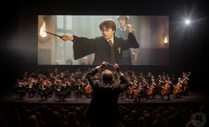 A live orchestra plays a Harry Potter movie soundtrack in a theater.
