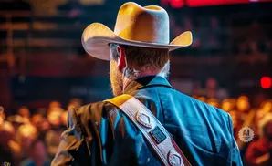 Man in cowboy hat and suit with guitar strap, facing away from camera at a concert.