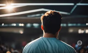 Man in light blue shirt facing away from camera, back lit by a bright sunburst.