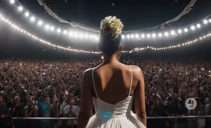 A woman in a white dress faces a cheering crowd, with her back to the camera.