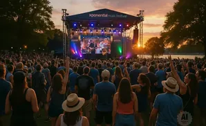 A crowd enjoys a sunset concert on a stage with a large screen showing the performers.