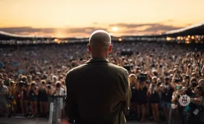 A bald man in a jacket faces a large, cheering crowd at an outdoor concert at sunset.