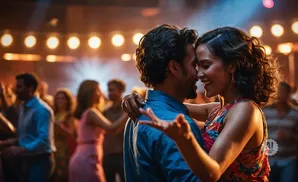 A couple dances closely in a warmly lit, crowded venue.
